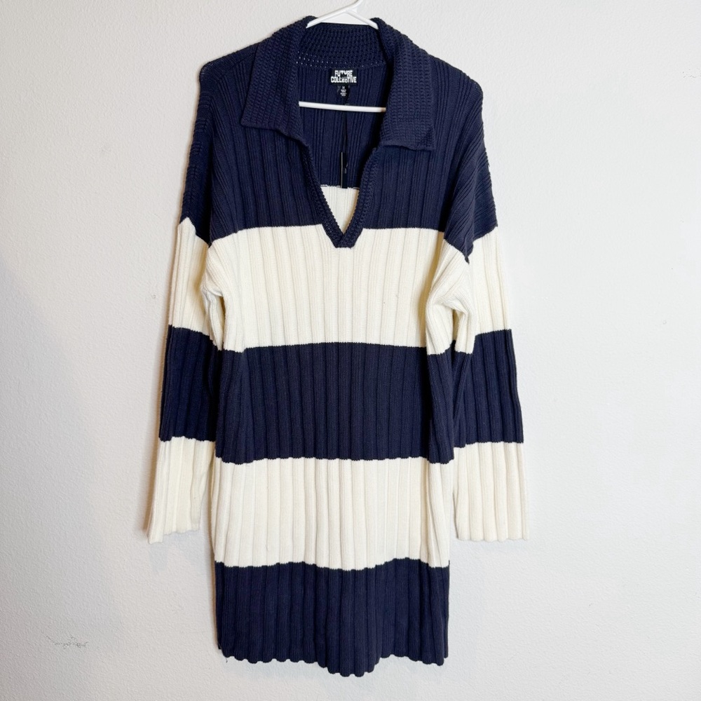 NWT Future Collective navy blue cream white striped knit sweater dress medium